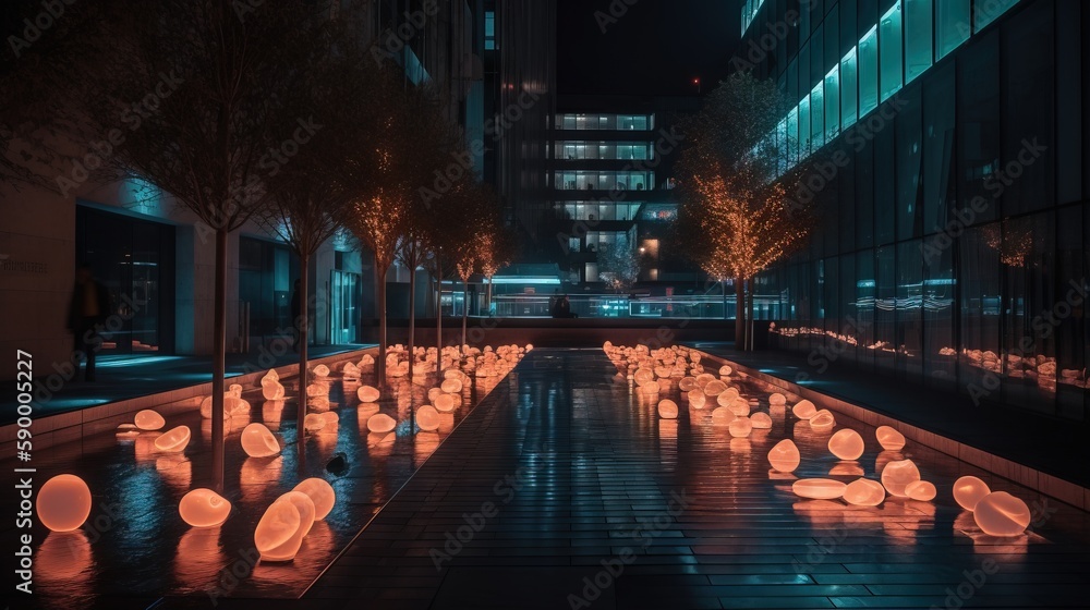 Poster a long row of lights on the ground in front of a building at night with trees and buildings in the b
