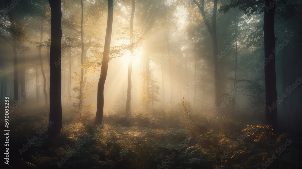 Poster a forest filled with lots of tall trees and grass covered in fog and sunlight shining through the tr