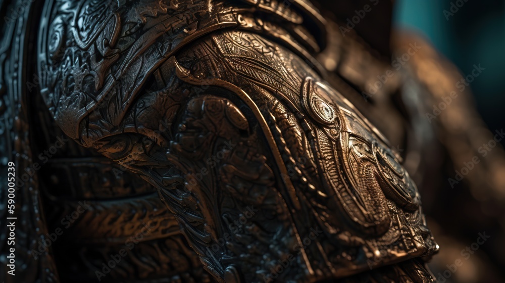 Poster a close up of a metal object with intricate designs on it's back end and a blue background with a bl