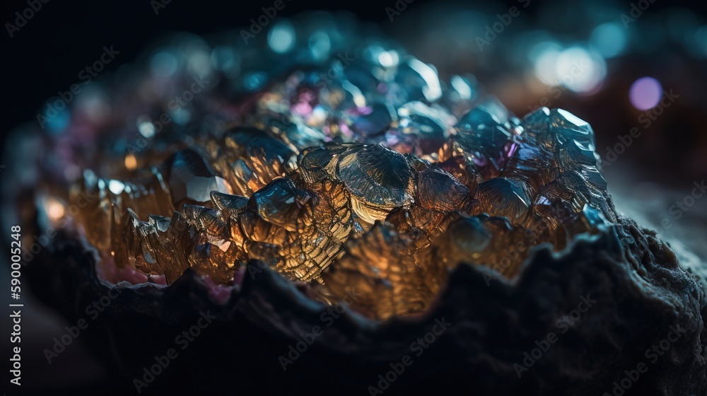 Poster a close up of a piece of glass on a rock with a blurry background of lights in the background and a 