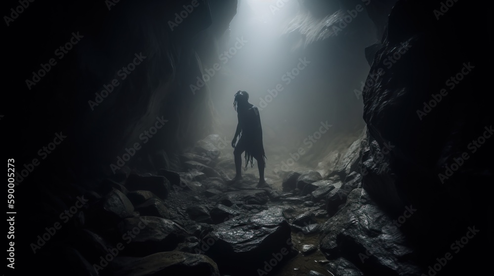 Poster a man standing in a cave with a flashlight in his hand and a light shining in the distance above him