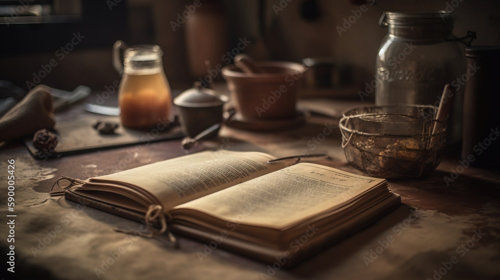 Poster an open book sitting on top of a table next to a cup of tea and a jar of honey on a table next to it
