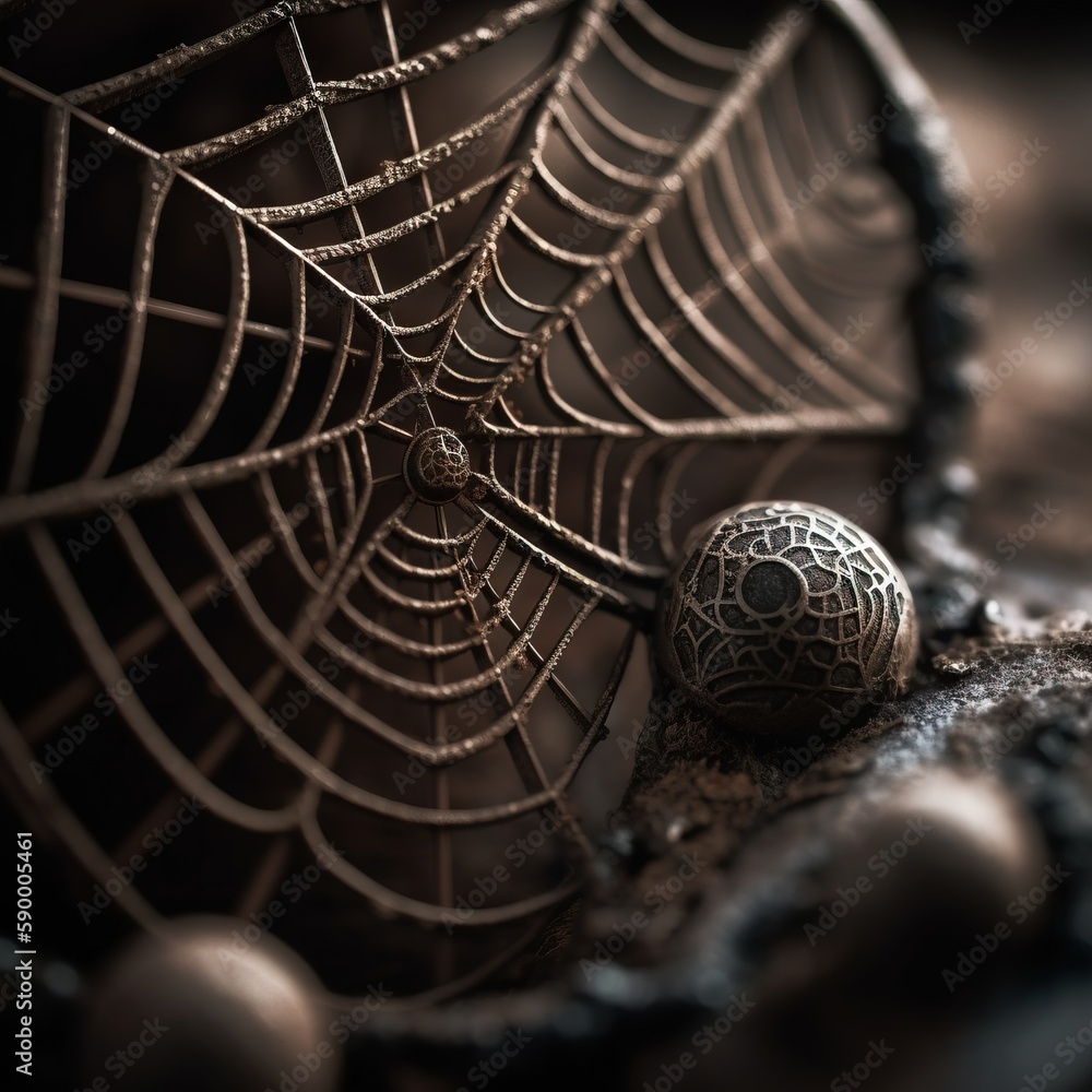 Poster a close up of a spider web with balls on the ground in front of the net of the spider's web on the g