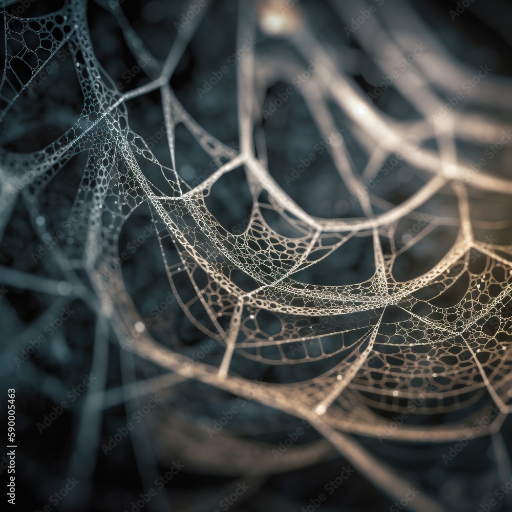 Poster a close up of a spider web with water droplets on it's web, with a black background and a yellow lig