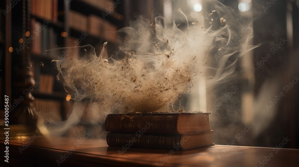 Poster a stack of books with smoke coming out of them on a table in a library with a candle and bookshelf i