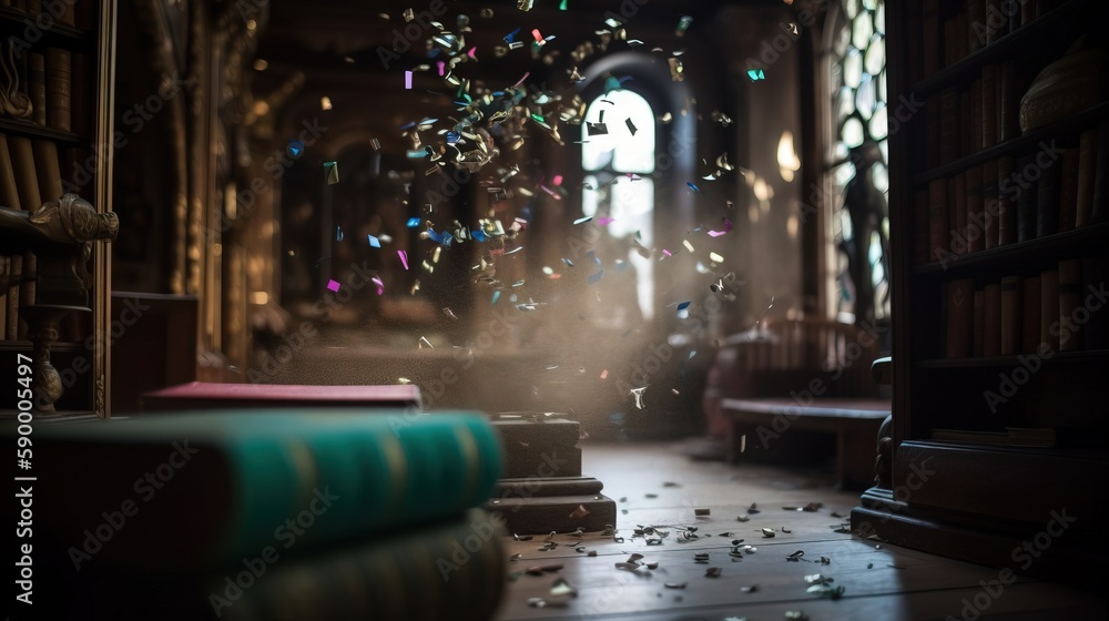 Poster a room filled with lots of books and a bunch of confetti falling from the ceiling of the room on the
