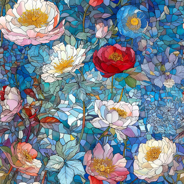 Seamless pattern with stained-glass mosaic flowers on blue background. Generative AI