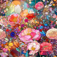 Colorful seamless pattern with stained-glass mosaic wildflowers. Repetition floral background for textile fabric. Generative AI