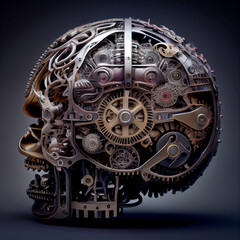 Fototapeta na wymiar Human brain made from spare car parts, gears, bolts, etc.
