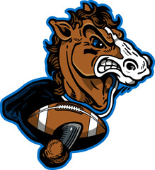 vintage mustang mascot holding football for school, college or league  - obrazy, fototapety, plakaty