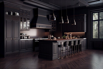 Large spacious kitchen in dark colors of furniture with an island. Generated by artificial intelligence.