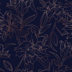 Floral spring seamless pattern. Lily peony amaryllis hippeastrum bloom blossom leaves. Copper gold shiny outline navy dark blue background. Vector illustration for fashion, textile, fabric, decoration - 590010475