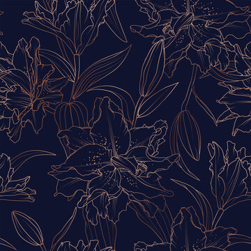 Floral spring seamless pattern. Lily peony amaryllis hippeastrum bloom blossom leaves. Copper gold shiny outline navy dark blue background. Vector illustration for fashion, textile, fabric, decoration