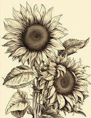 Sunflowers Illustration, sketch, watercolor, for graphic design, logos, t shirts. Generative AI
