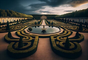 The gardens of Chateau de Versailles, close to Paris, France. Generative AI - obrazy, fototapety, plakaty