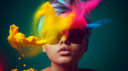 Portret of a woman with colorful powder and sunglasses - obrazy, fototapety, plakaty