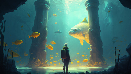 Man standing at the large sacred golden fish in the ruins underwater, Digital Art Style, Generative AI