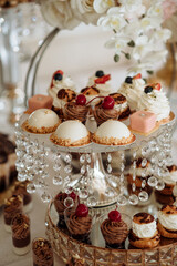 Luxury wedding candy bar close-up of cakes
