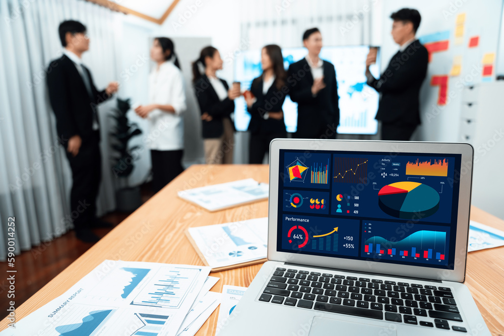 Poster focus laptop monitor display dashboard report by business intelligence, analyzed financial data for 