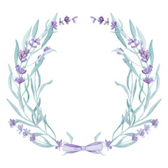 Fototapeta na wymiar Beautiful lavender provence wreath with text watercolor illustration for postcard design. Tender purple flower ornament aquarelle drawing
