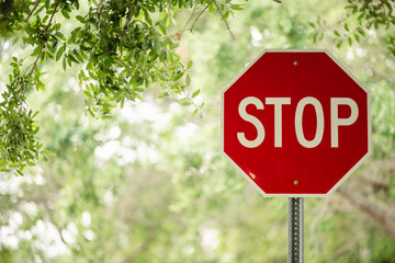 Stop sign with surrounded by trees on a sunny day in the USA