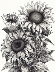 Sunflowers Illustration, sketch, watercolor, for graphic design, logos, t shirts. Generative AI