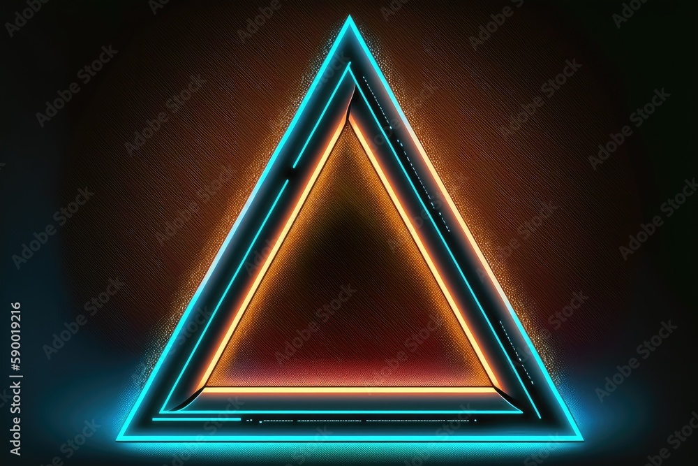 Poster abstract of neon triangle shape isolated on space background in reflective colorful spotlight. theme