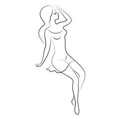 Woman silhouette in modern continuous line style. The girl is slim and beautiful. Lady suitable for aesthetic decor, posters, stickers, logo. Vector illustration.