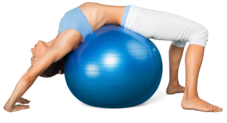 Young woman training with Fitness Ball on white background