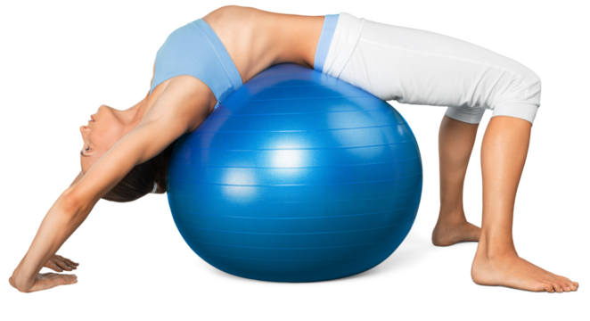 Young woman training with Fitness Ball on white background