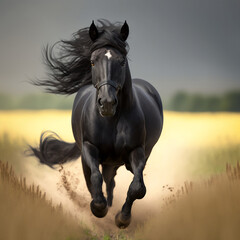 Fototapeta na wymiar Frontal View of a Galloping Black Horse in a Field. Generative AI