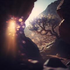 Nature's Close-Up: An Metamorphic Lens Flare Captures a Tree Against a Majestic Mountainous Background. Generative AI