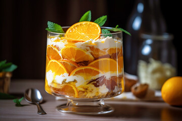 Layered fruit and cream dessert with orange slices in glass. Generative AI illustration