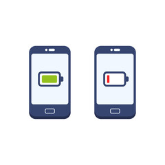 Low and full battery on mobile phone. Vector illustration.