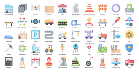 Fototapeta premium Civil Engineering Flat Icons Engineer Mechatronics Icon Set in Color Style 50 Vector Icons