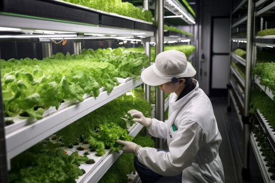  Vertical farm(indoor farm) researcher takes care of vegetables growing on vertical farm. Vertical farming is sustainable agriculture for future food. generative AI