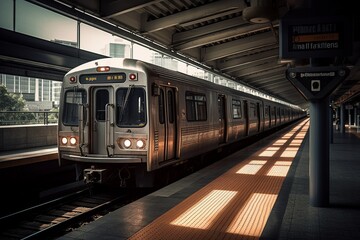 Fototapeta premium Modern Train at Station, Showcasing Efficiency and Convenience of Public Transport, Generated by AI