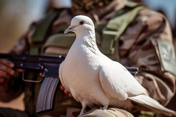 White peace dove sitting on leg of soldier. Generative AI illustration