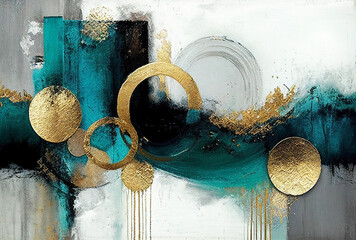 Splashes of bright paint on the canvas.Gold, black, blue and gray colors. Interior painting. Beautiful background. Generative AI.