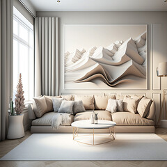 Contemporary Beige Cloth Couch Enhances Modern Living Room. Generative AI
