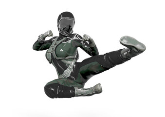 cosmonaut girl is kicking up like karate in action on white background