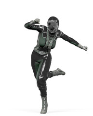 cosmonaut girl is running like a comic hero on white background