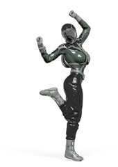 cosmonaut girl is dancing in pin up pose on white background