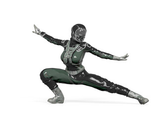 cosmonaut girl is doing a kung fu fighter pose on white background