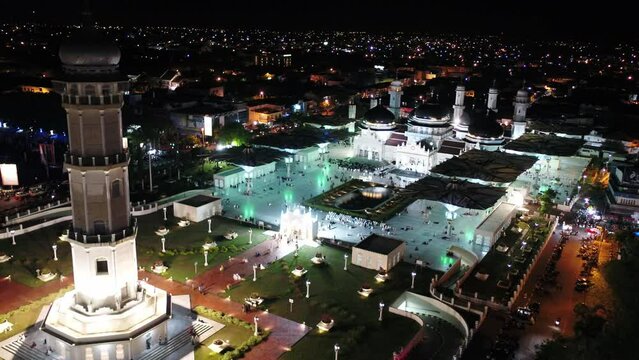 AH - 4K Night Aerial view of Baiturrahman the Beautiful Mosque in Indonesia