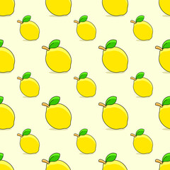 Bright and fresh lemons with leaf on yellow background. Seamless summer pattern. Suitable for packaging, menu design.	