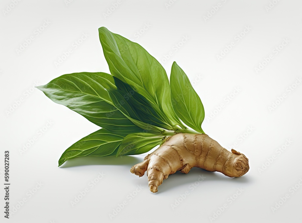 Poster fresh ginger rhizome with sliced and green leaves isolated on white background. created with generat
