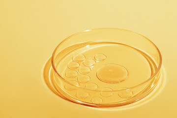 A large drop and many small drops of liquid gold. Or liquid yellow with sparkles. In a Petri dish...