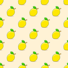 Bright and fresh lemons with leaf on yellow background. Seamless summer pattern. Suitable for packaging, menu design.	