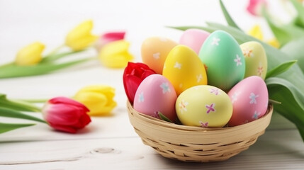 Fototapeta na wymiar Basket with colorful Easter eggs and tulip flowers. Spring festive composition on a light wooden background